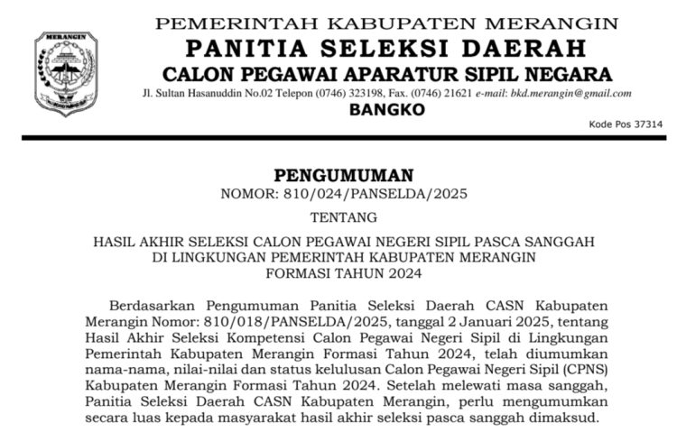 Panselda Seleksi CPNS Kabupaten Merangin 2024 Umumkan Hasil Akhir Peserta Lulus Seleksi Pasca Sanggah
