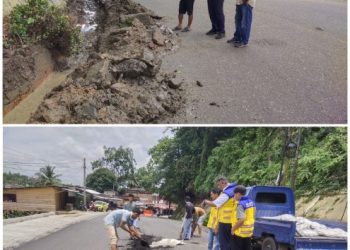 Jalan Lintas Sumatera di Tikungan Bukit Tiung Kabupaten Merangin yang Retak Mulai diperbaiki Sebelum diinvestigasi Menyeluruh