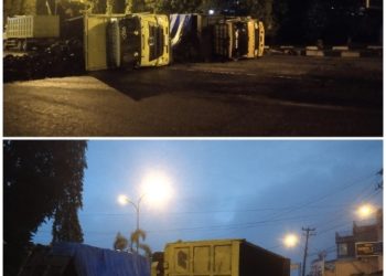 Dua Truck Muat Batubara Terguling di Jalan Lintas Sumatera  Kabupaten  Merangin