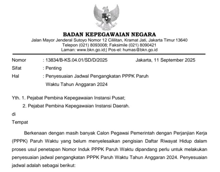 BKN Perpanjang Waktu  Pengisian Dokumen DRH  PPPK Paruh Waktu 7 Hari Hingga 22 September 2025