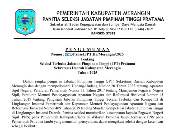 Pansel JPT Pratama Umumkan Seleksi Terbuka Jabatan Sekda Kabupaten Merangin