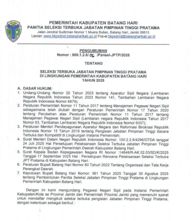 Pemkab Batanghari Buka Seleksi JPT Pratama, Ini Jadwal dan Tahapannya