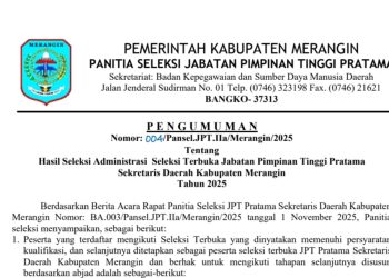 Pansel JPT Pratama Seleksi Terbuka Jabatan Sekda Kabupaten Merangin 2025 Umumkan Hasil Seleksi Administrasi