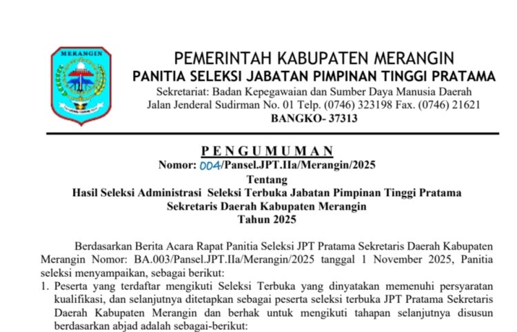 Pansel JPT Pratama Seleksi Terbuka Jabatan Sekda Kabupaten Merangin 2025 Umumkan Hasil Seleksi Administrasi