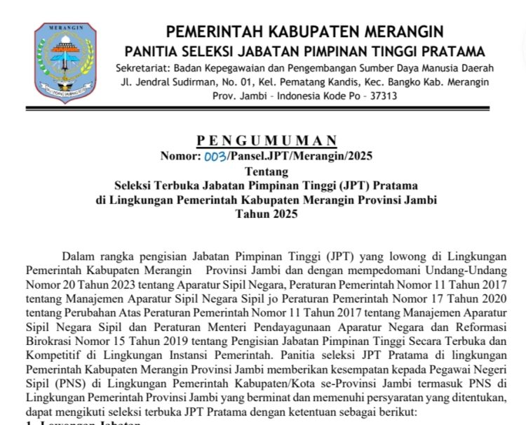 Pansel JPT Pratama Umumkan Seleksi Terbuka 9 Jabatan Eselon II Kabupaten Merangin