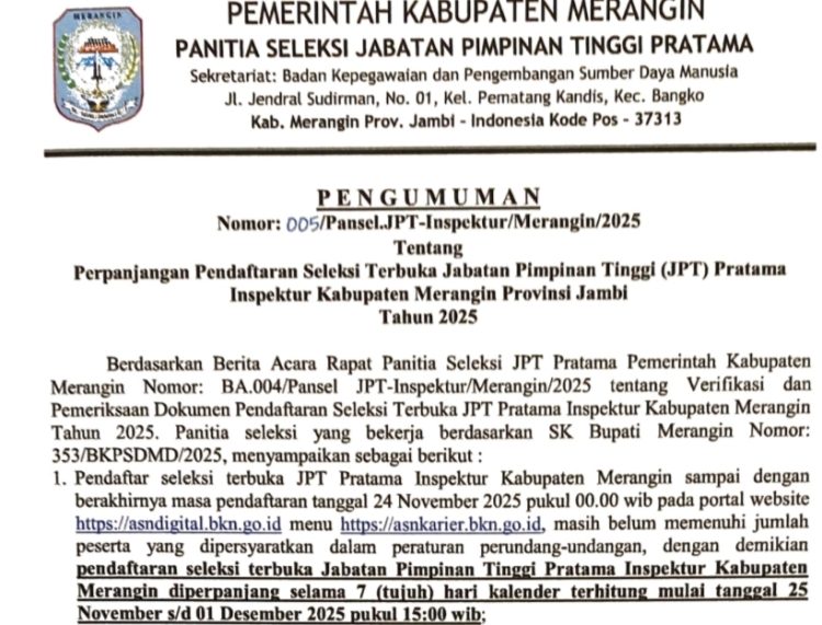 Pansel JPT Pratama Umumkan Perpanjangan Pendaftaran Seleksi Terbuka Jabatan Eselon Dua Kabupaten Merangin Tahun 2025