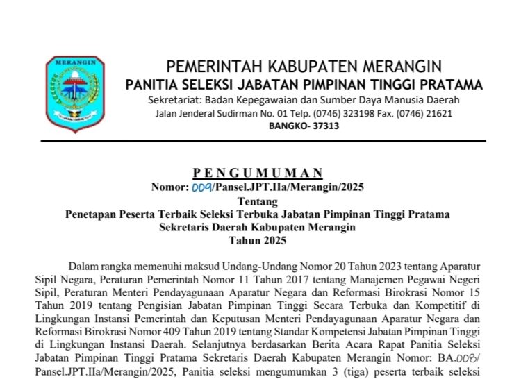 Pansel JPT Pratama Seleksi Jabatan Sekda Kabupaten Merangin 2025  Umumkan Hasil 3 Peserta Terbaik