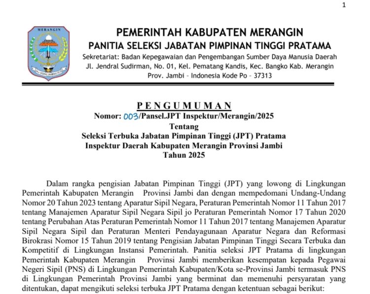 Pansel JPT Pratama Umumkan Seleksi Terbuka Inspektur Daerah Kabupaten Merangin