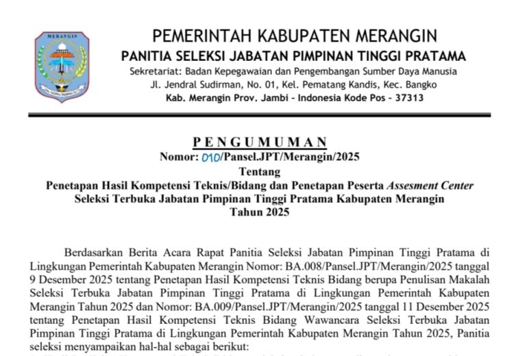 Pansel JPT Pratama Seleksi 10 Jabatan Eselon Dua Merangin Umumkan Hasil Kompetensi Teknis/Bidang dan Penetapan Assesment Center