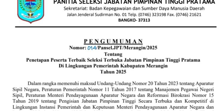 Pansel Seleksi JPT 10 Eselon Dua Kabupaten Merangin Umumkan Nama-Nama 3 Peserta Terbaik Berdasarkan Rangking Nilai